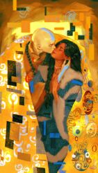  1boy 1girl aang arrow_(symbol) arrow_tattoo artist_logo avatar:_the_last_airbender avatar_legends bald black_hair blue_coat blue_tattoo braid choker closed_eyes coat commentary couple dark-skinned_female dark_skin english_commentary fine_art_parody forehead_tattoo fur_trim head_tattoo hetero highres katara kiss kissing_cheek lee_flms0 logo long_hair orange_robe parody robe smile tattoo the_kiss 