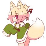  1girl animal_ear_fluff animal_ears bangs bare_shoulders bell blonde_hair blush brown_collar collar commentary_request detached_sleeves dress folded_ponytail fox_ears fox_girl fox_tail green_dress green_sleeves hair_between_eyes hair_ornament highres jingle_bell kemomimi-chan_(naga_u) long_sleeves naga_u neck_bell original sailor_collar simple_background sleeveless sleeveless_dress sleeves_past_fingers sleeves_past_wrists solo standing tail violet_eyes white_background white_sailor_collar 