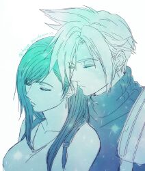  1boy 1girl bare_shoulders breasts closed_eyes closed_mouth cloud_strife collarbone commentary_request earrings eyelashes final_fantasy final_fantasy_vii heads_together highres jewelry large_breasts leaning_on_person long_hair panda_xtnm short_hair simple_background sleeveless sleeveless_turtleneck spiky_hair stud_earrings suspenders sweater swept_bangs tank_top teardrop_earrings tifa_lockhart turtleneck turtleneck_sweater twitter_username upper_body white_background white_tank_top 