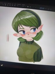  1girl :3 art_program_in_frame black_hairband blue_eyes blush breasts clip_studio_paint_(medium) closed_mouth colored_eyelashes commentary commentary_typo cropped_torso ear_blush english_commentary green_hair green_tunic hairband head_tilt highres kokiri looking_to_the_side nessdraw nose_blush photo_(medium) pointy_ears ribbed_sweater saria_(zelda) short_hair small_breasts smile solo sweater swept_bangs the_legend_of_zelda the_legend_of_zelda:_ocarina_of_time tunic turtleneck turtleneck_sweater white_background 