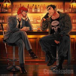  2boys black_hair blind daredevil_(series) facial_hair frank_castle gloves lawyer male_focus marvel matt_murdock multiple_boys muscular muscular_male short_hair skull_print superhero_costume the_punisher_(character) the_punisher_(series) yakza_draw 
