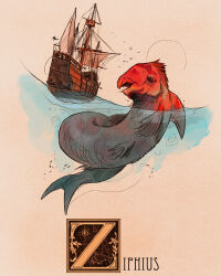  1other bird boat commentary creature creature_focus english_commentary european_mythology fins fish highres monster nathan_anderson open_mouth sailing_ship sea_monster ship simple_background simple_bird watercraft ziphius 
