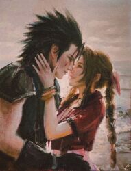  1boy 1girl aerith_gainsborough armor bangle black_gloves black_hair blue_eyes bracelet braid braided_ponytail claiire couple dress english_commentary face-to-face final_fantasy final_fantasy_vii final_fantasy_vii_remake from_side gloves green_eyes hair_ribbon hand_on_another's_cheek hand_on_another's_face hand_on_another's_hip hetero highres jacket jewelry long_hair looking_at_another oil_painting_(medium) painting_(medium) parted_lips pink_dress pink_ribbon ponytail profile red_jacket ribbon short_hair shoulder_armor sleeveless sleeveless_turtleneck smile spiky_hair suspenders sweater traditional_media turtleneck turtleneck_sweater upper_body zack_fair 