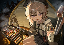  1girl absurdres ahoge beret black_gloves black_hat black_necktie black_skirt camping cheyanne_(girls'_frontline_2) collared_shirt commentary cooking girls'_frontline_2:_exilium girls_frontline gloves grey_hair grill grilling hair_between_eyes hat highres holding holding_tongs long_sleeves looking_at_viewer lower_teeth_only m200_(girls'_frontline) necktie night open_mouth outdoors pleated_skirt ruppu shirt skirt sky solo star_(sky) teeth tent tongs violet_eyes white_shirt 