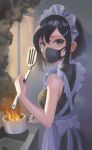  1girl black_dress black_hair bow breasts cooking cooking_pot dojikko dress fire green_eyes hair_ornament hairclip highres holding holding_spatula indoors looking_at_viewer maid maid_headdress original short_hair sink small_breasts smoke solo spatula tearing_up tunguu white_bow 