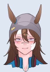  1girl absurdres animal_ears bags_under_eyes bandaid bandaid_on_face bandaid_on_nose beanie blue_background blue_shirt blush brown_hair closed_mouth collared_shirt commentary_request ears_through_headwear gauze gauze_on_cheek grey_hat hair_ornament hairclip hat headphones headphones_around_neck heart heart_sticker highres horse_ears horse_girl long_hair looking_at_viewer nakayama_festa_(umamusume) pappi portrait shirt simple_background solo sticker sticker_on_face umamusume violet_eyes 