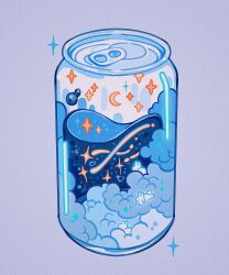  above_clouds absurdres air_bubble blue_theme bubble can clouds colorful_clouds commentary cool_colors crescent_moon drink_can english_commentary film_grain floating glowing glowing_animal grey_background highres liquid meyoco moon no_humans original rabbit simple_background sky star_(sky) star_(symbol) surreal underwater water white_rabbit_(animal) 