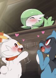  1girl 2boys ^_^ blush body_fur closed_eyes closed_mouth commentary dagasi furry furry_male gardevoir green_hair heart highres looking_at_another motion_lines multiple_boys pokemon pokemon_(creature) red_eyes riolu salute scorbunny short_hair smile white_fur 