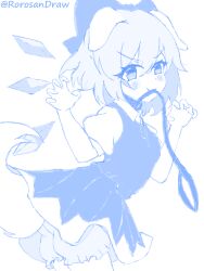  1girl animal_ears artist_name bloomers blue_theme blush bow cirno cirno_day claw_pose closed_mouth collar collared_shirt commentary_request cowboy_shot detached_wings dog_ears dog_girl dog_tail dress floppy_ears from_side hair_between_eyes hair_bow hands_up highres holding_own_leash ice ice_wings kemonomimi_mode leaning_forward leash looking_at_viewer monochrome mouth_hold neck_ribbon no_pupils pinafore_dress puffy_short_sleeves puffy_sleeves ribbon roro_san shirt short_hair short_sleeves simple_background sleeveless sleeveless_dress smile solo standing tail tail_raised touhou turning_head twitter_username v-shaped_eyebrows white_background wings 