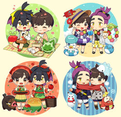  2boys ^_^ absurdres apple appletun applin apron beach black_hair blue_sky blush brown_eyes brown_hair character_snowman chibi chibi_only closed_eyes clouds comfey commentary_request crossed_bangs cup floral_print florian_(pokemon) flower flower_necklace food fruit fuecoco hair_between_eyes hairband hibiscus highres holding holding_food holding_fruit innertube kieran_(pokemon) lechonk lei long_sleeves male_focus marill multiple_boys multiple_views on_head one_eye_closed onigiri open_mouth oven_mitts petals pikachu pokemon pokemon_(creature) pokemon_on_head pokemon_scarlet_and_violet purple_hair quaxly red_flower red_hairband red_scarf rii_(pixiv11152329) rotom rotom_phone sandwich scarf school_uniform seasons shared_clothes shared_scarf shorts simple_background sitting sky smile snom snowflakes snowman sprigatito standing swim_ring uva_academy_school_uniform v yellow_hairband 