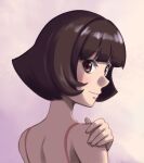  1girl bangs blush bob_cut brown_eyes brown_hair hand_on_own_shoulder ixola looking_back original simple_background smile 