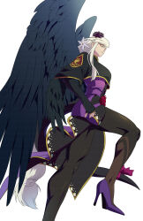  1girl alternate_color angel_wings ashensol black_thighhighs black_wings breasts crop_top crop_top_overhang dizzy_(guilty_gear) dress fingerless_gloves flower from_side gloves guilty_gear guilty_gear_strive hair_flower hair_ornament high_heels highres large_breasts leg_up long_hair low-tied_long_hair mature_female purple_dress purple_nails queen_dizzy red_eyes red_flower red_rose ribbon rose simple_background solo tail tail_ornament tail_ribbon thick_thighs thigh-highs thighs white_background white_hair wings 