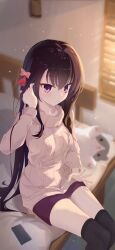  1girl adjusting_hair black_hair black_thighhighs blurry blurry_background blush bow breasts brown_sweater casual cellphone closed_mouth commentary eyes_visible_through_hair feet_out_of_frame hair_between_eyes hair_bow hair_ornament hand_up highres indoors lap_pillow_invitation large_breasts long_hair long_sleeves looking_at_viewer nijouin_hazuki official_alternate_costume on_bed phone pink_bow red_shorts revision riddle_joker royal_zeng shorts sidelighting sidelocks sitting smartphone smile solo straight_hair stuffed_animal stuffed_cat stuffed_toy sunlight sweater tassel tassel_hair_ornament thigh-highs thighs turtleneck turtleneck_sweater very_long_hair violet_eyes window 