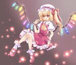  1girl :d ascot blonde_hair bobby_socks collared_shirt commentary_request crystal flandre_scarlet frilled_shirt_collar frilled_skirt frilled_sleeves frills full_body glowing glowing_wings hair_between_eyes hat hat_ribbon highres kmy0318 looking_at_viewer mary_janes medium_hair mob_cap multicolored_wings open_mouth puffy_short_sleeves puffy_sleeves red_eyes red_footwear red_ribbon red_skirt red_vest ribbon shirt shoes short_sleeves side_ponytail skirt skirt_set smile socks solo touhou vest white_headwear white_shirt white_socks wings yellow_ascot 