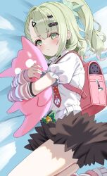  1girl backpack bag belt black_skirt blush closed_mouth commentary_request file112056 green_eyes green_hair hair_ornament hairclip highres hug looking_at_viewer medium_hair pink_bag ponytail randoseru shirt shoes skirt solo sunna_(zenless_zone_zero) triangle_hair_ornament white_belt white_shirt white_shoes zenless_zone_zero 