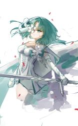  1girl absurdres aqua_eyes aqua_hair arcaea cape closed_mouth commentary cropped_legs cross-laced_clothes cross-laced_dress curtained_hair dress elbow_gloves falling_petals flower flower_over_eye gloves hair_flower hair_ornament highres holding holding_sword holding_weapon layered_dress looking_at_viewer nikkiday_o03 one_eye_covered parted_bangs petals saya_(absolution)_(arcaea) saya_(arcaea) short_hair simple_background solo sword weapon white_background white_cape white_dress white_flower white_gloves 