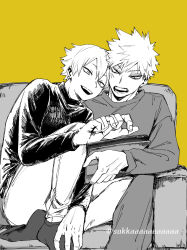  2boys :d aged_up ankle_socks bakugou_katsuki boku_no_hero_academia commentary_request couch crosshatching dkyoudai double-parted_bangs earrings feet_out_of_frame foot_on_couch greyscale_with_colored_background hair_between_eyes hand_on_own_foot hand_up hands_up hatching_(texture) head_tilt heads_together highres holding holding_tablet_pc jewelry kaminari_denki knee_up leaning_on_person leaning_to_the_side linear_hatching long_sleeves looking_at_object looking_down male_focus multiple_boys on_couch open_mouth pants partial_commentary pointing pointing_at_object scar scar_on_face short_hair side-by-side simple_background sitting smile socks spiky_hair sweater tablet_pc teeth tsurime turtleneck turtleneck_sweater twitter_username upper_teeth_only yellow_background 