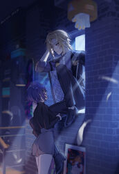  1boy 1girl absurdres belle_(zenless_zone_zero) blonde_hair blue_eyes ccxvi_201116 commentary_request highres hugo_vlad indoors jacket looking_at_another moonlight night pointy_ears red_eyes skirt suit through_window turtleneck window zenless_zone_zero 
