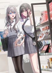  2girls absurdres bag_charm black_choker black_hairband black_nails black_pantyhose blue_eyes blue_necktie breasts brown_hair character_charm charm_(object) chibi choker commentary_request diagonal-striped_clothes diagonal-striped_necktie gift grey_hair grey_skirt hair_ornament hairband hairclip highres holding_hands jovei large_breasts lipstick long_hair makeup medium_breasts multiple_girls nail_polish neck_ribbon necktie open_mouth pantyhose parallel_hairclips pink_hair plaid_clothes plaid_skirt pleated_skirt ribbon saotome_shino_(shino_to_ren) shino_to_ren shirayuki_ren shirt_tucked_in short_hair skirt striped_clothes striped_necktie yuri 