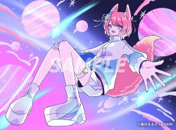  1girl alternate_costume alternate_hairstyle animal_ears blue_eyes boots commentary floating full_body hair_between_eyes high_collar hizuki_rurufu jacket leg_belt long_sleeves multicolored_jacket nakazawa_ayami open_mouth outstretched_arms planet sample_watermark shooting_star short_hair shorts smile snack_nili solo two-tone_jacket virtual_youtuber watermark white_boots white_shorts wolf_ears 