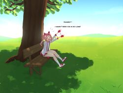  1girl :d animal_ears bench closed_eyes commentary drunkyapsession ear_covers english_commentary english_text grass haru_urara_(bestest_prize)_(umamusume) haru_urara_(umamusume) highres horns horse_ears horse_girl horse_tail jacket looking_at_viewer open_mouth shoes sitting smile solo tail tree umamusume wariza waving 