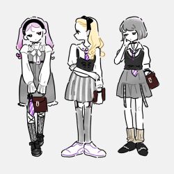  3girls bow bowtie commentary_request fashion grey_background grey_skirt multiple_girls necktie original shirt shoes skirt striped_clothes striped_necktie vhelaz7gry74280 white_shirt 