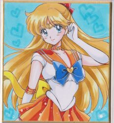  1girl aino_minako back_bow bishoujo_senshi_sailor_moon blonde_hair blue_bow blue_bowtie blue_eyes bow bowtie chikoto_(kztc4472) choker circlet commentary_request earrings elbow_gloves gloves hair_bow highres jewelry long_hair looking_at_viewer orange_choker orange_sailor_collar orange_skirt pleated_skirt red_bow sailor_collar sailor_venus skirt solo traditional_media white_gloves yellow_bow 