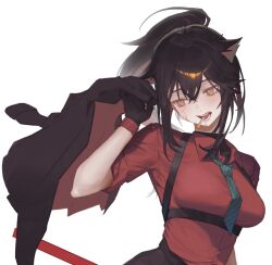  1girl animal_ears arknights black_gloves black_hair black_jacket breasts brown_eyes chest_harness collared_shirt commentary dkyung004 food food_in_mouth gloves green_necktie harness high_ponytail highres holding holding_unworn_clothes holding_unworn_jacket jacket long_hair looking_down medium_breasts necktie official_alternate_costume open_mouth pocky pocky_in_mouth ponytail red_shirt shirt sidelocks simple_background solo texas_(arknights) texas_(willpower)_(arknights) untranslatable_commentary unworn_jacket upper_body white_background wolf_ears wolf_girl 