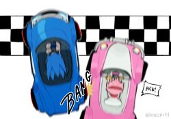  1boy 1girl amy_rose animal_ears blue_fur car dress driving english_commentary finish_line furry furry_female furry_male gloves headband hedgehog_boy hedgehog_girl highres kiioki11 motor_vehicle pink_fur racing red_dress red_headband sonic_(series) sonic_racing:_crossworlds sonic_the_hedgehog white_gloves 
