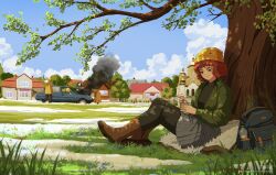  5girls absurdres angry bag blonde_hair blue_hair blue_sky broken car casual church clouds cloudy_sky coat commentary commission dappled_sunlight english_commentary eva_(kavunyak) food full_body grass green_eyes hand_on_own_head highres holding holding_food holding_ice_cream holding_spoon house ice_cream kraken_(japanon) looking_down marichka mole mole_under_eye mole_under_mouth motor_vehicle multiple_girls natalie_(qvit11) nika_(usergore) orange_hair original outdoors panicking road rural second-party_source shade sitting sky smoke snow sphenodaile spoon spring_(season) sunlight surprised translated tree ukraine ukrainian_text wavy_hair white_hair 
