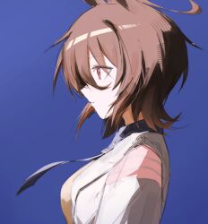  1girl agnes_tachyon_(tach-nology)_(umamusume) agnes_tachyon_(umamusume) ahoge animal_ears blue_background breasts brown_hair chocomint24801 coat commentary cropped_torso hair_between_eyes highres horse_ears horse_girl lab_coat medium_breasts medium_hair necktie profile red_eyes red_hair shirt short_necktie simple_background solo sweater sweater_vest umamusume white_coat wolf_cut yellow_sweater yellow_sweater_vest 