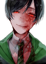  1boy black_hair blood blood_on_face collared_shirt evil_smile green_necktie harry_potter_(series) hogwarts_school_uniform necktie red_eyes robe school_uniform shirt short_hair slytherin smile solo tom_marvolo_riddle upper_body white_shirt wizarding_world yakitorisan_11 