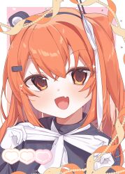  1girl :d a.i._voice absurdres adachi_rei black_shirt border bow bowtie commentary_request crossed_bangs double-parted_bangs fang gloves hair_between_eyes hamano_yui hands_up headlamp heart highres long_hair long_sleeves looking_at_viewer one_side_up open_mouth orange_eyes orange_hair outside_border pink_background portrait shirt skin_fang smile solo turtleneck turtleneck_shirt tying_bow utau white_border white_bow white_bowtie white_gloves 