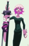  1other absurdres androgynous black_dress clenched_teeth crona_(soul_eater) dress from_below highres looking_at_viewer machitoons other_focus pink_hair short_hair simple_background solo teeth 