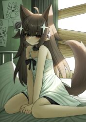  1girl absurdres animal_ears bare_shoulders bed between_legs black_shorts brown_hair chemise child's_drawing drawing_(object) expressionless extra_ears flat_chest hand_between_own_legs highres lobsteranian long_hair looking_at_viewer nia_(nophenia) nophenia on_bed plank pointy_ears shorts sitting sparkle_hair_ornament tail wariza white_chemise window wolf_ears wolf_girl wolf_tail 