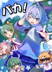  5girls :d blonde_hair blue_bow blue_eyes blue_hair blue_skirt bow brown_cardigan cardigan cirno cirno_day daiyousei english_commentary fairy green_eyes green_hair ice ice_wings jersey kikeiju long_hair looking_at_viewer medium_hair multiple_girls mystia_lorelei one_eye_closed open_mouth outstretched_arm parted_lips pink_eyes pink_hair ribbon rumia school_uniform serafuku shirt side_ponytail skirt smile sunglasses touhou v white_shirt wings wriggle_nightbug yellow_ribbon 