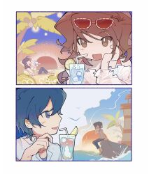  2girls :d bare_shoulders beach bird blue_eyes blue_hair blush brown_eyes brown_hair bush chair chinese_commentary closed_eyes cocktail_glass commentary_request cup dawn deck_chair drinking_glass earrings eyewear_on_head folding_chair food from_side fruit hand_on_own_chin happy highres ice ice_cube implied_yuri jewelry kujikawa_rise lemon lemon_slice lighthouse lililili5 looking_at_another multiple_girls multiple_views off_shoulder official_alternate_costume official_alternate_hairstyle palm_tree persona persona_4 persona_4_the_golden sandals see-through_clothes shirogane_naoto shirt short_hair sleeveless sleeveless_shirt smile sphere_earrings sunglasses sunset tree vacation wavy_hair 