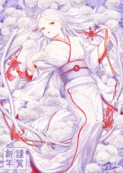  1girl albino chinese_zodiac chlora_imasayo chrysanthemum commentary_request flower hair_spread_out highres japanese_clothes kimono long_hair nengajou new_year original parted_lips red_eyes scale_print smile snake solo tassel very_long_hair white_flower white_hair white_kimono white_snake year_of_the_snake 