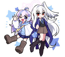  >_o 2girls :d alternate_costume bag black_boots black_vest blue_archive blue_bag blue_coat blue_hair blue_hoodie blue_ribbon blue_skirt blush boots brown_boots brown_skirt casual character_charm charm_(object) closed_mouth coat collared_shirt commentary_request deformed drawstring full_body hair_between_eyes hair_ornament halo hand_up head_wings highres hood hood_down hoodie jacket knee_boots lapels long_coat long_hair long_sleeves low_twintails mole mole_under_eye multicolored_hair multiple_girls neck_ribbon notched_lapels notice_lines one_eye_closed open_clothes open_hand open_jacket open_mouth pink_halo plaid_clothes plaid_skirt purple_hair quilted_jacket red_eyes reisa_(blue_archive) ribbon shirt shoulder_bag simple_background single_head_wing skirt smile standing star_(symbol) star_hair_ornament star_halo suzumi_(blue_archive) twintails two-tone_hair v-shaped_eyebrows very_long_hair vest violet_eyes white_background white_hair white_jacket white_shirt wings yellow_bag yusa_(be2001) 