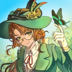  1girl blue_sky brown_hair bug butterfly butterfly_on_hand chinese_commentary commentary_request eyewear_strap feathers flower glasses gloves green_butterfly green_eyes green_feathers green_hat green_jacket hand_up hat hat_feather hat_flower highres jacket kakania_(reverse:1999) looking_at_viewer low_ponytail neck_ribbon outdoors picture_hat ponytail red_ribbon reverse:1999 ribbon round_eyewear shirt shupiare sky smile solo tree upper_body white_gloves white_shirt yellow_flower 