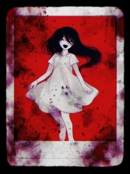  1girl barefoot black_hair blood dress highres long_hair looking_at_viewer mari_(omori) mari_(spirit)_(omori) omo_taru omori photo_(object) red_background smile white_dress 