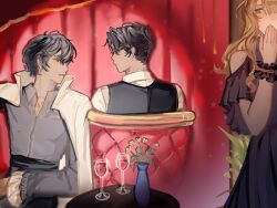  1girl 2boys black_shirt black_vest clothing_cutout coat collared_shirt commentary cup drinking_glass green_eyes highres kiirorokat kim_dokja long_sleeves looking_at_another multiple_boys omniscient_reader's_viewpoint open_clothes open_coat shirt shoulder_cutout uriel_(omniscient_reader's_viewpoint) vase vest white_coat white_shirt wine_glass wrist_cuffs yoo_joonghyuk 