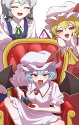  3girls absurdres apron ascot bat_wings blonde_hair blue_dress blue_hair bow braid collared_shirt commentary_request crystal crystal_wings dress flandre_scarlet frilled_shirt_collar frills green_bow green_ribbon grey_hair hair_bow hat hat_ribbon highres izayoi_sakuya long_hair maid maid_headdress mob_cap multicolored_wings multiple_girls neck_ribbon on_throne one_side_up open_mouth pinafore_dress pink_hat pink_shirt pink_skirt playing_games playing_video_games puffy_short_sleeves puffy_sleeves red_eyes red_skirt red_vest remilia_scarlet ribbon shirt short_sleeves siblings sisters sitting skirt skirt_set sleeveless sleeveless_dress smile socks tamahuku_0911 throne touhou twin_braids vest waist_apron white_apron white_hat white_shirt white_socks wings yellow_ascot 