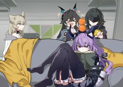  >_< 4girls :d animal_ears arknights arknights:_endfield bird_ears bird_girl black_gloves black_thighhighs blindfold_mask book chen_qianyu_(arknights) commentary couch dragon_girl dragon_horns eastern_dragon_horns endministrator_(arknights) english_commentary eri_(erikiri) female_endministrator_(arknights) food fruit gloves horns mandarin_orange mask multiple_girls on_couch open_book orange_(fruit) perlica_(arknights) purple_hair reading sitting smile sweatdrop thigh-highs typhoeus_(arknights) typhon_(arknights) violet_eyes xd 