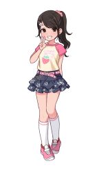  1girl arm_behind_back belt black_hair blush brown_eyes brown_hair clothes_writing commentary_request frilled_skirt frills full_body grin hair_ornament hair_scrunchie hand_up heart heart_print heisei_retro highres kneehighs layered_skirt long_hair looking_at_viewer miniskirt original pink_belt ponytail print_shirt raglan_sleeves rgst_(ramgester) scrunchie shirt shoes short_sleeves simple_background skirt smile socks solo standing star_(symbol) t-shirt v white_background white_socks 