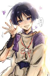  ! ... 1boy arm_at_side armor black_hair blunt_ends blush bow bright_pupils commentary_request eyeliner feathers genshin_impact hair_intakes hand_up highres japanese_armor japanese_clothes kariginu kote kurokote layered_sleeves looking_at_viewer makeup male_focus mandarin_collar nervous_sweating open_hand open_mouth pom_pom_(clothes) purple_bow purple_sash purple_sleeves red_eyeliner sash scaramouche_(genshin_impact) scaramouche_(kabukimono)_(genshin_impact) sketch solo spoken_ellipsis spoken_exclamation_mark string sweat tasuki tsurime upper_body violet_eyes white_background white_mouth white_pupils white_sleeves wispy_bangs yellow_feathers yume_utsutsu4 