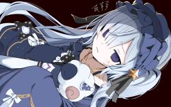  1girl bare_shoulders black_ribbon blue_dress blue_hairband bow collarbone commentary_request crescent crescent_necklace dress dress_bow frilled_dress frilled_hairband frills gothic_lolita hair_over_one_eye hair_ribbon hairband highres holding holding_stuffed_toy jewelry lolita_fashion lolita_hairband long_hair long_sleeves looking_at_viewer ma40414 mahou_shoujo_no_majo_saiban natsume_an-an necklace off-shoulder_dress off_shoulder polka_dot polka_dot_bow red_background ribbon simple_background sleeve_bow sleeves_past_fingers sleeves_past_wrists solo stuffed_animal stuffed_sheep stuffed_toy upper_body violet_eyes white_hair wide_sleeves 