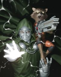  2boys animal_ears black_background cape carrying commentary cover cover_page doctor_doom english_commentary fangs furry furry_male gauntlets green_cape gun highres holding holding_gun holding_weapon hood hood_up hooded_cape looking_at_viewer male_focus marvel mask multiple_boys official_art open_mouth raccoon_boy raccoon_ears rocket_raccoon shoulder_carry textless_cover_page textless_version weapon whiskers yoon_junggeun 