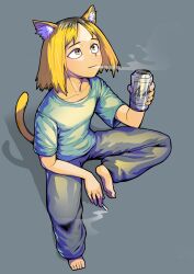  1girl absurdres animal_ear_fluff animal_ears baggy_pants barefoot beer_can blonde_hair breasts can cat_ears cat_girl cat_tail cigarette commentary_request drink drink_can etsushimaru_yakuko exhaling_smoke highres holding holding_can holding_cigarette holding_drink looking_up multicolored_hair pants roots_(hair) short_sleeves slit_pupils small_breasts smoking tail vvang_vvang_mon yani_neko yellow_eyes yellow_tail 