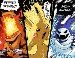  3others agumon commentary digimon electricity english_commentary english_text fangs fire green_eyes ice jack_frost_(megami_tensei) jujutsu_kaisen looking_at_viewer megami_tensei meme multiple_others no_humans no_pupils open_mouth pikachu pokemon pokemon_red/green/blue/yellow speech_bubble triple_domain_expansion_(meme) wanderjegson 